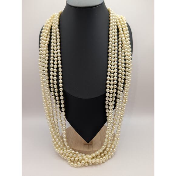 Multi-Strand Cream Faux Pearl Statement Necklace with Gold-Tone Accents - Picture 1 of 5